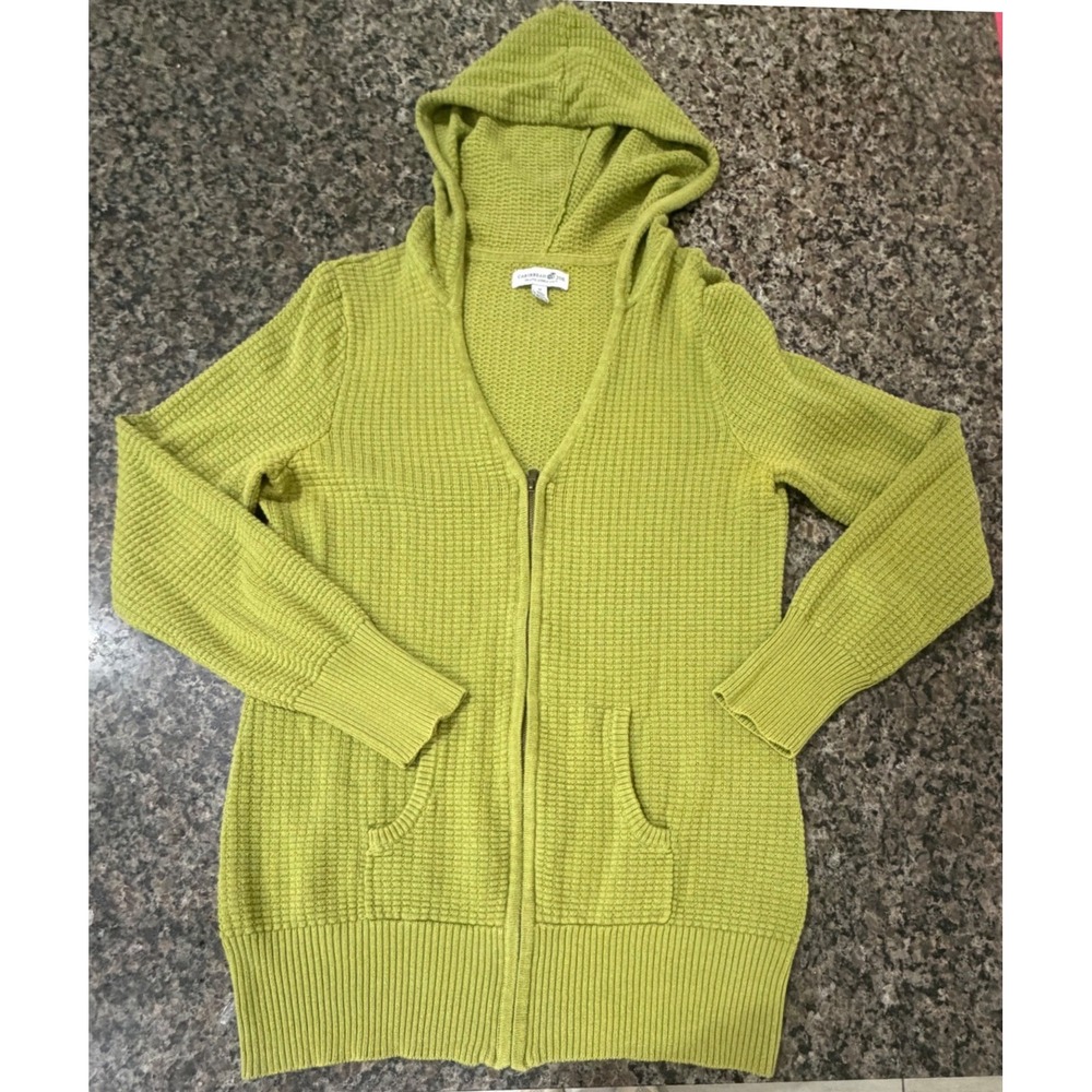 Caribbean Joe Womens Lime Green Zip Up Hooded Sweater Knit Cardigan Medium